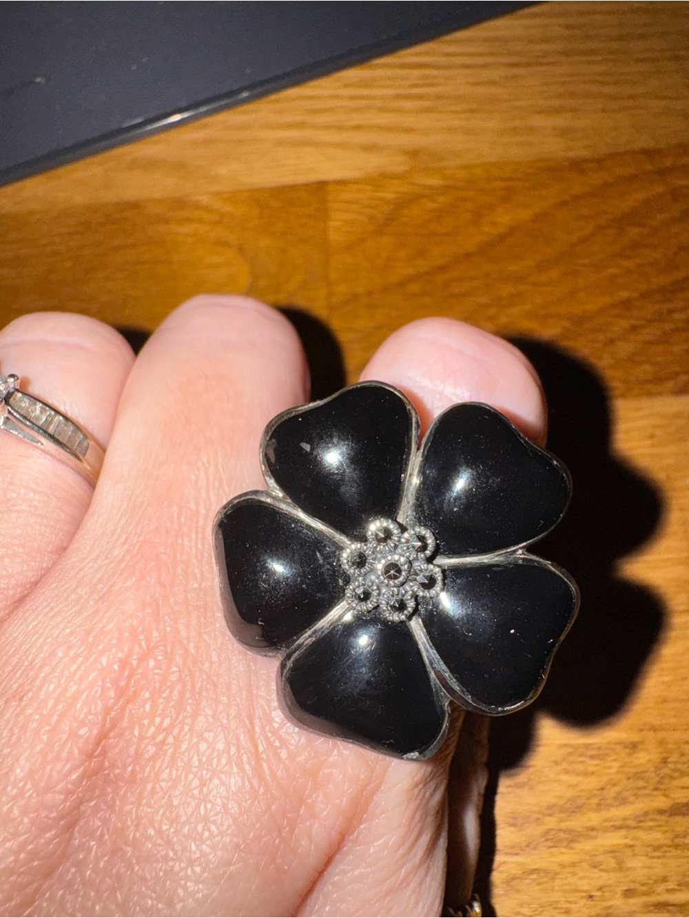 Onyx and Marcasite Flower Ring - Women Jewelry sterling silver